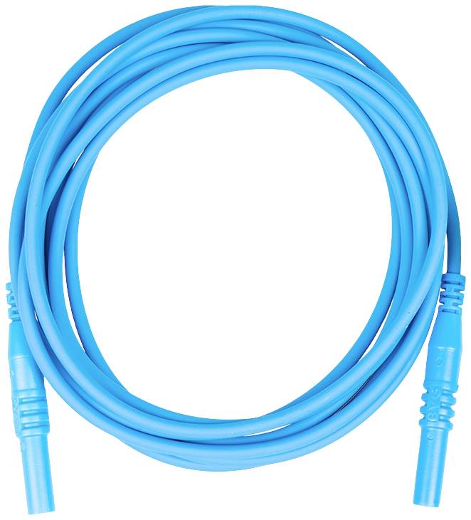 Blue cable shown, laid in a loose loop, with plugs at both ends.