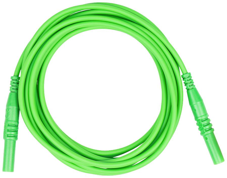 Green extension lead with two plug ends, coiled up against a white background.