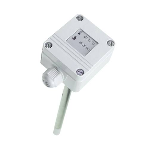 A white industrial temperature and humidity sensor with a small display shows '27.33°C' and '28.25%RH'.