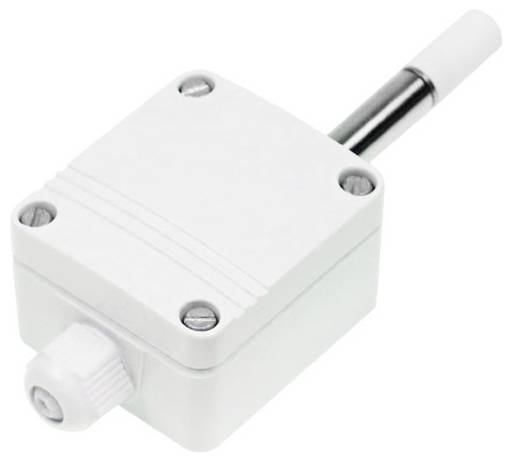 A white electronic sensor device with a metal probe and a plastic casing, featuring a cable connector at the bottom.