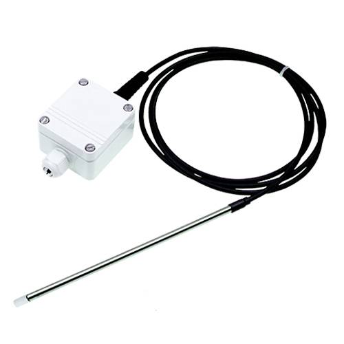 A white electronic temperature sensor with a long, black cable and a metal probe for taking measurements.