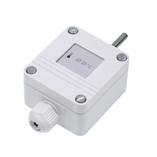 A white temperature sensor with digital display shows '27.33 °C'. The device has a metal probe and screws for mounting.