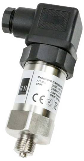 Pressure transmitter sensor with black angled connector and threaded metal probe