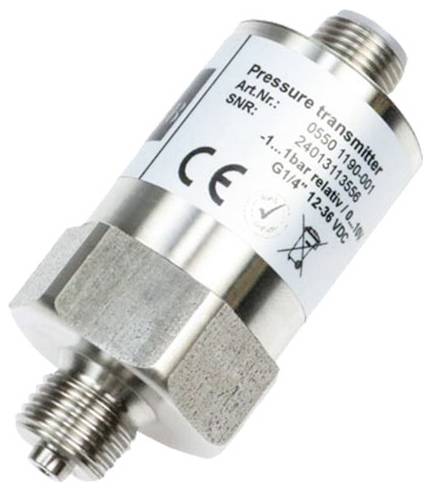 Metal pressure transmitter sensor with threaded fittings and label, shown on a white background.
