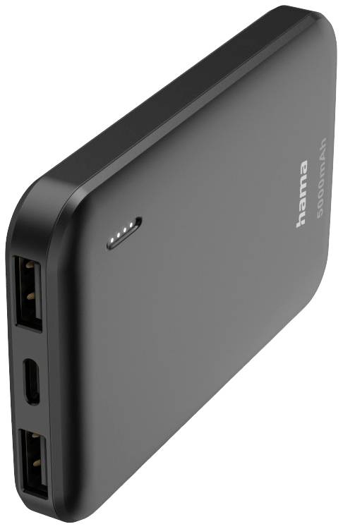 Black power bank with two USB ports, a USB-C port and an LED display showing the charging status.