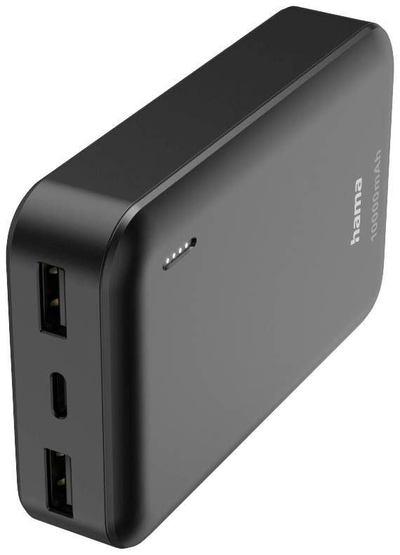 Black power bank with 10,000 mAh. It features two USB ports and a USB-C port.