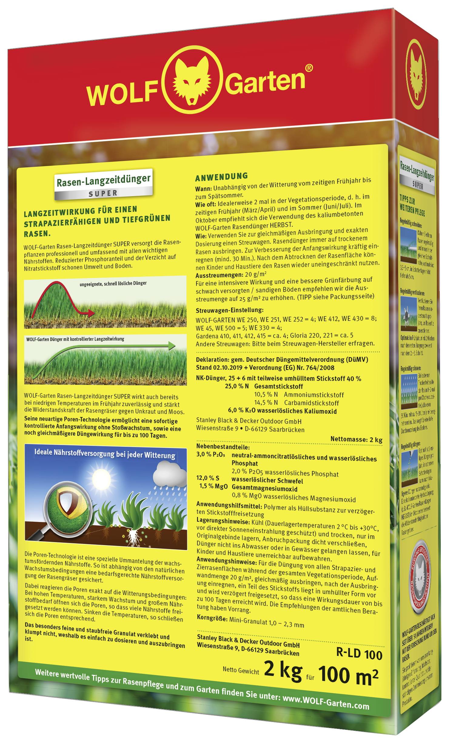'Spiral Long-Release Fertiliser' packaging by WOLF-Garten. Contains usage instructions, ingredients and a diagram explaining its effectiveness.
