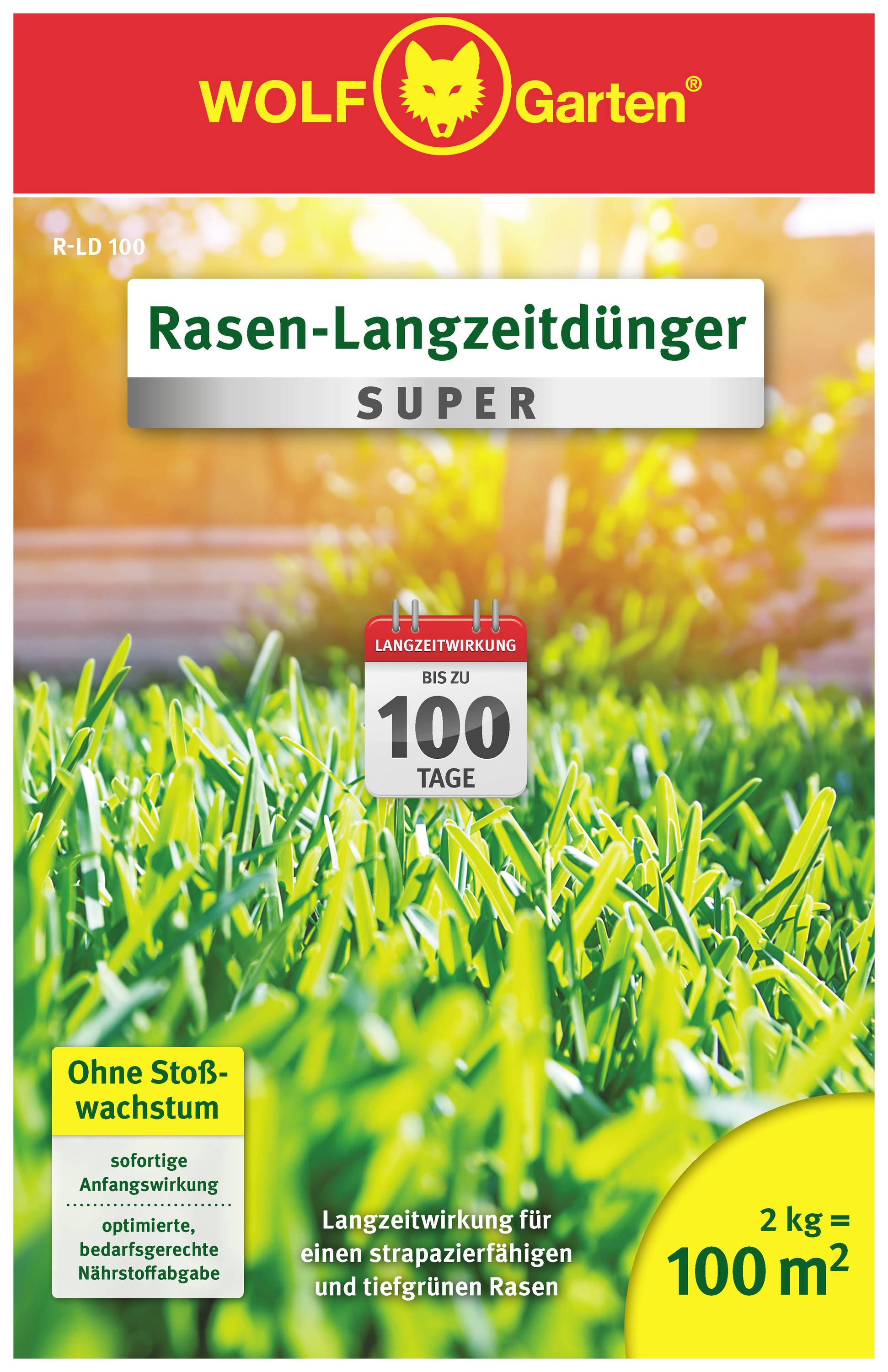 Packaging for a WOLF-Garten long-lasting lawn fertiliser. Contains slogan highlighting long-term effectiveness up to 100 days. Prevents sudden growth, 2 kg = 100 m².