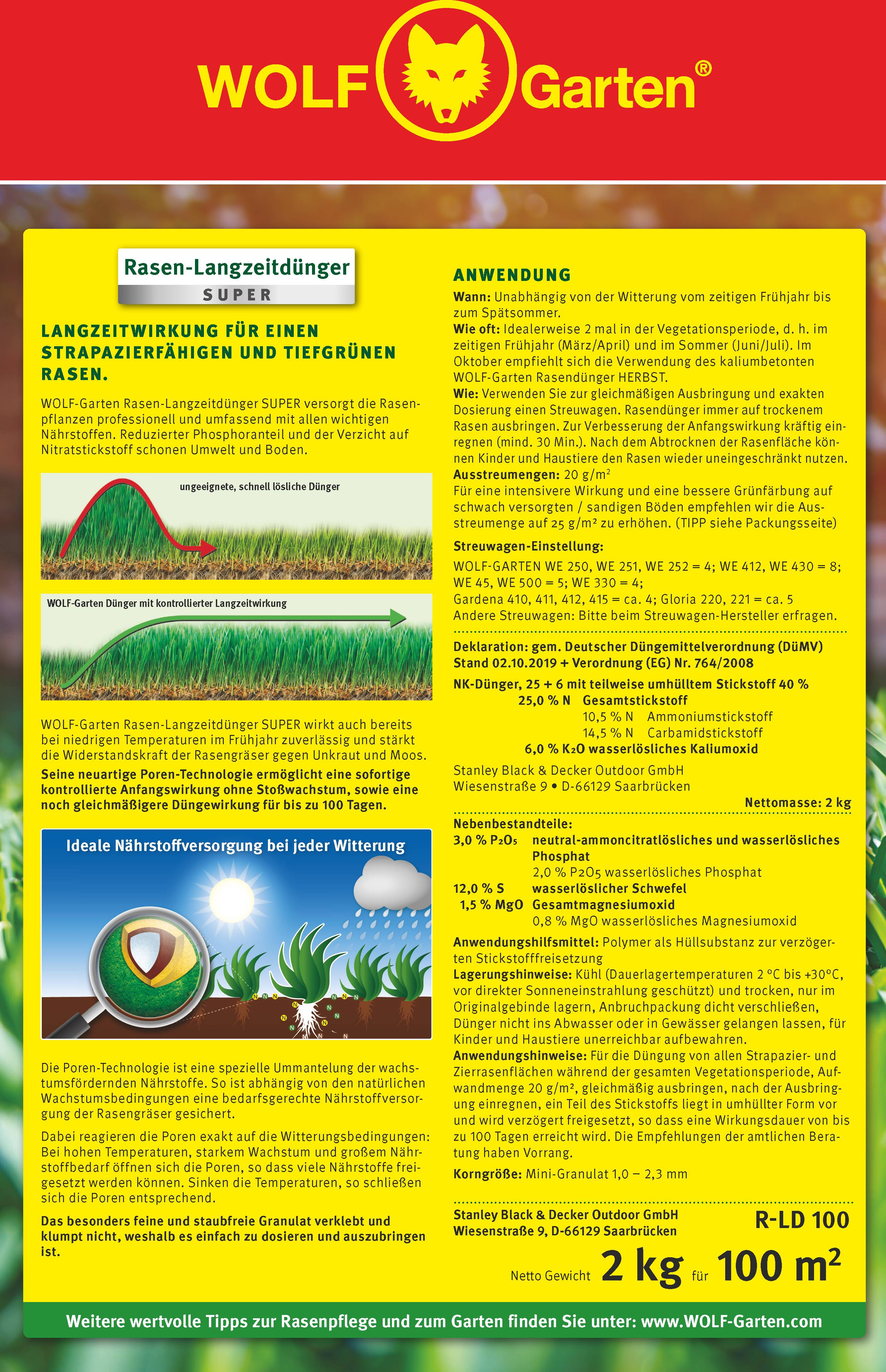 Verpackung eines Rasendüngers von Wolf Garten. Enthält Anweisungen zur Anwendung und Vorteile des Produkts für einen grünen Rasen.
