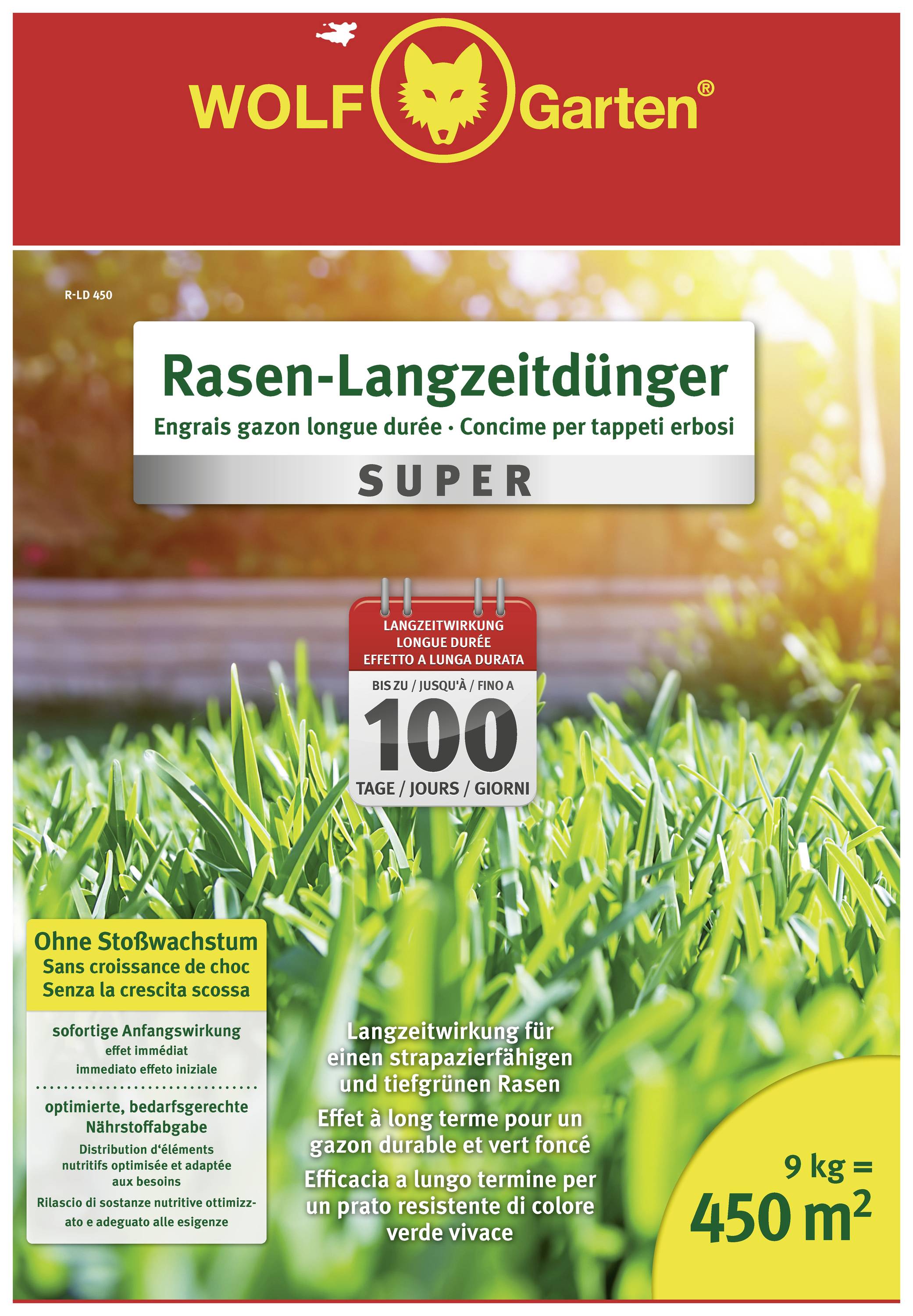 'WOLF-Garten Long-Lasting Lawn Fertiliser' packaging, showing a close-up of green grass. Covers 450 m², promotes sustained growth.