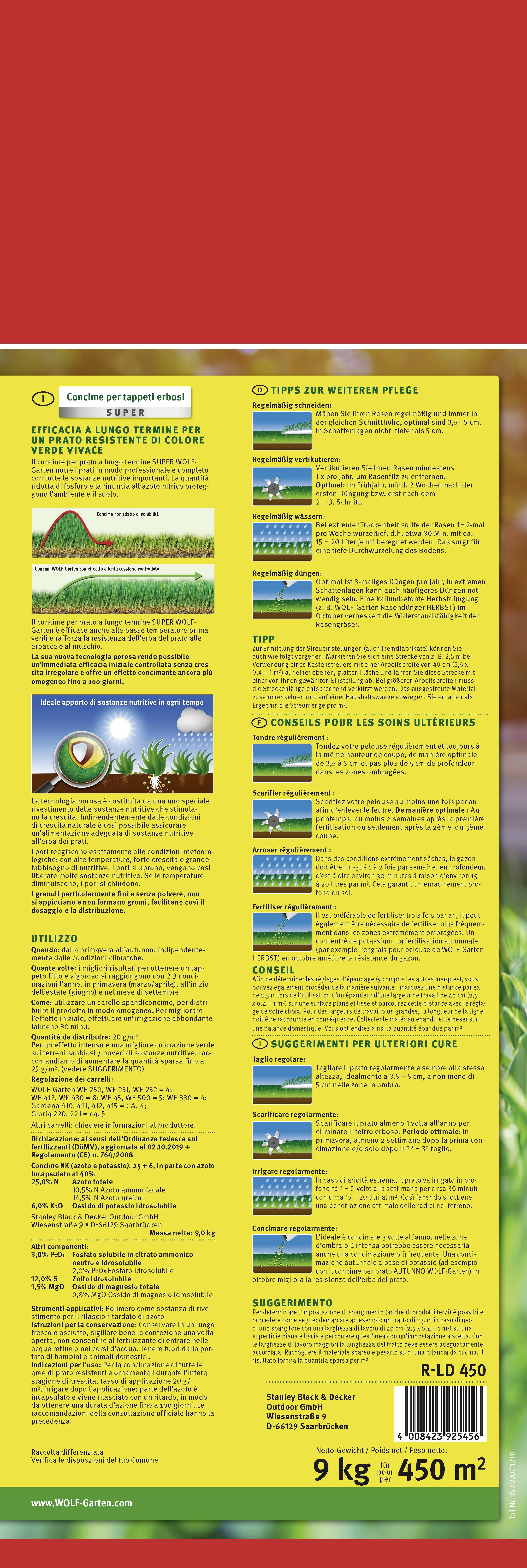 The image shows the back of a lawn fertiliser packaging in English and French, with instructions and application tips.