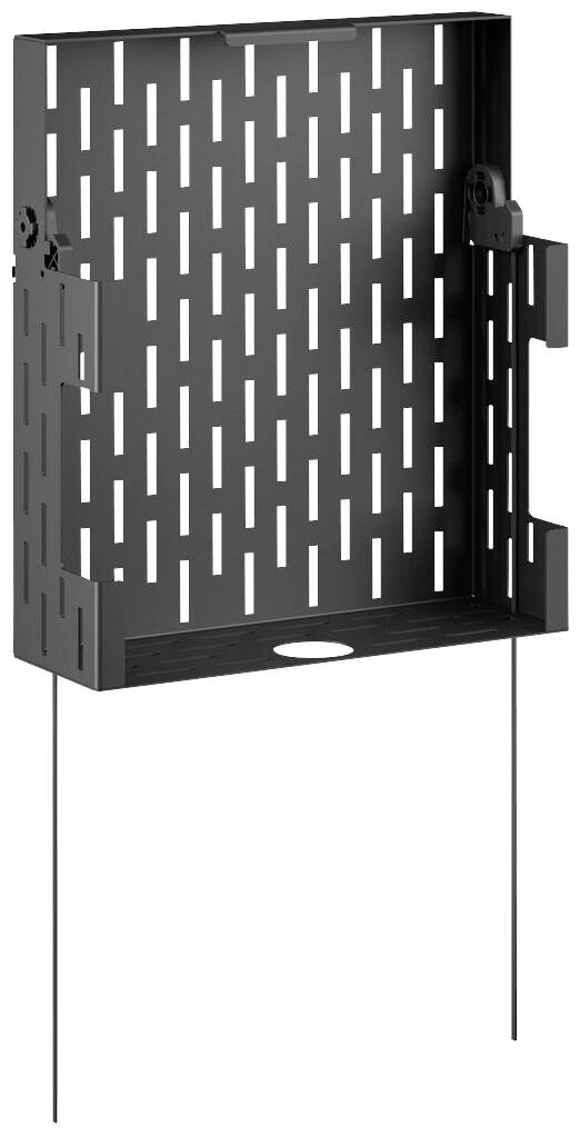 Black, rectangular metal structure with slots, upright form, two thin, vertical bars on the underside.