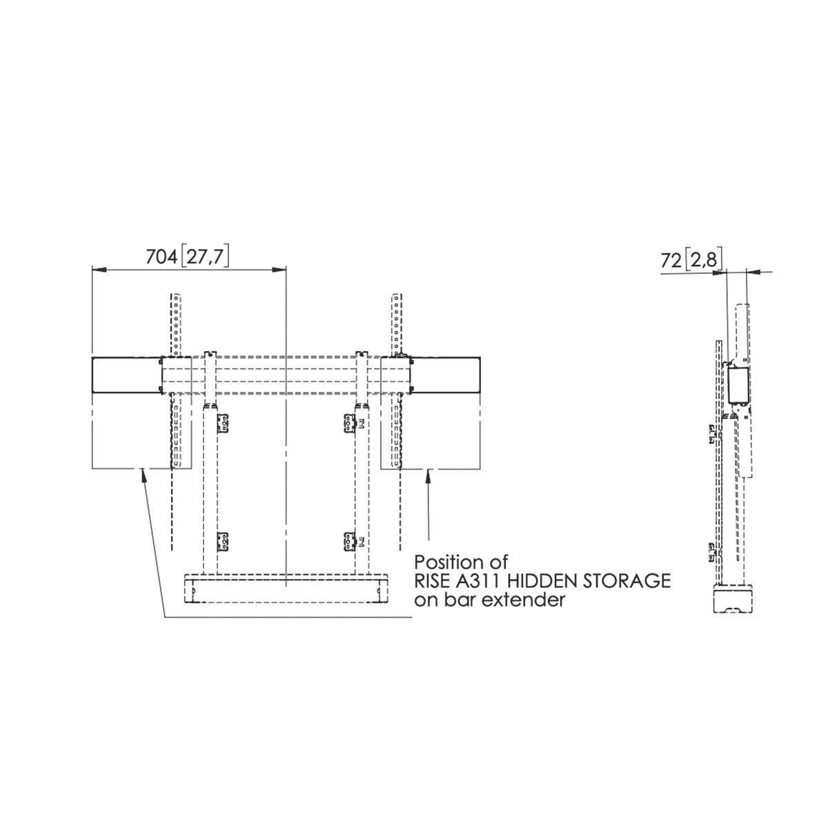 Technical drawing of a mounting bracket with dimensions. Shows the position 'RISE A311 HIDDEN STORAGE' on a bar extender.