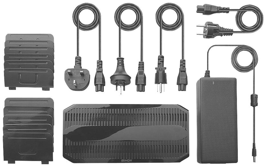 Power supply set with various international plug adapters and a large, rectangular charger in black.