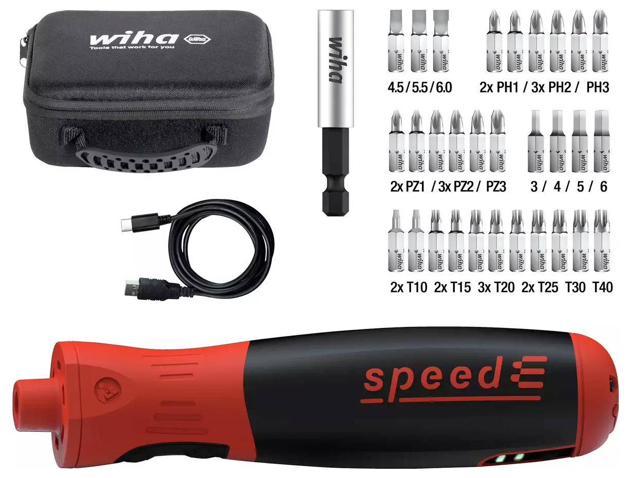 Electric screwdriver 'speedE' by Wiha with interchangeable bits and accessories in a carrying case, including USB charging cable and adapter.