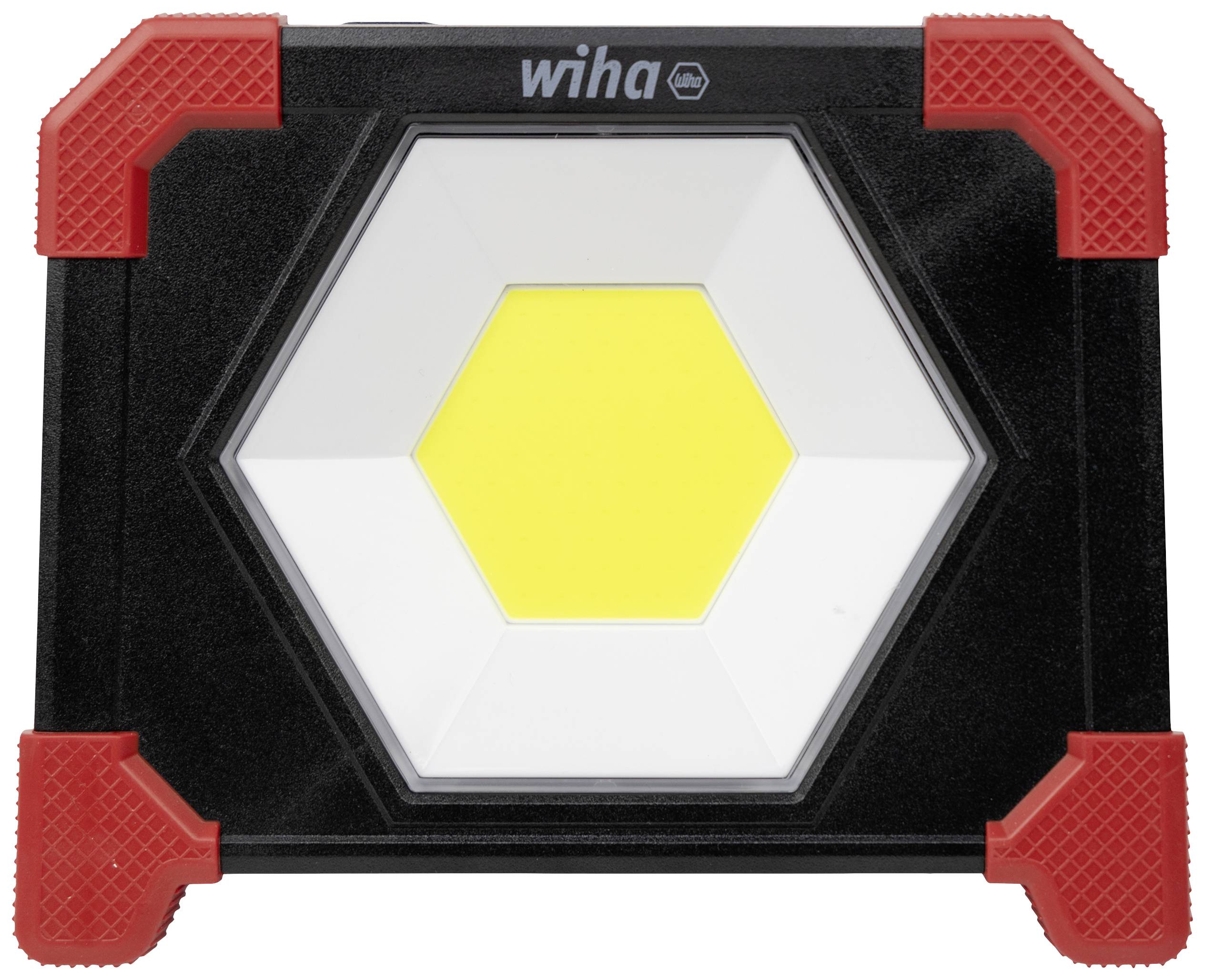 LED work light in a hexagonal design, black base with red edges, central yellow illumination surface for intensive lighting.