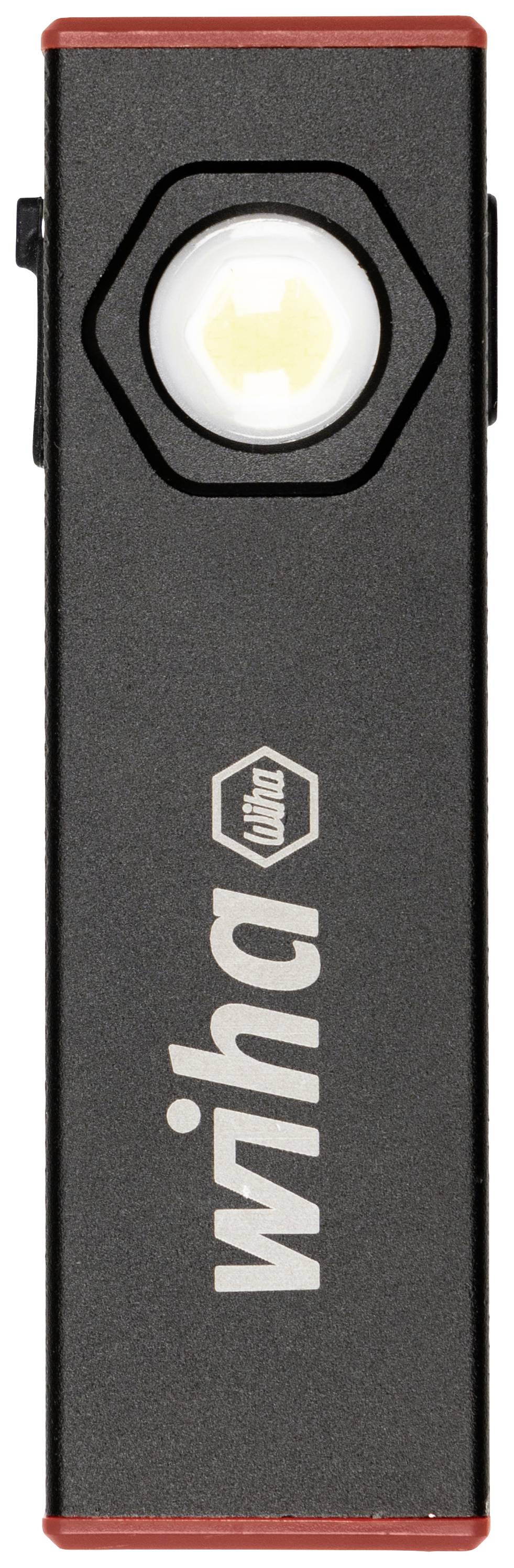 Portable LED light by Wiha, elongated black body with a red border, hexagonal frame surrounding the lens on the front.