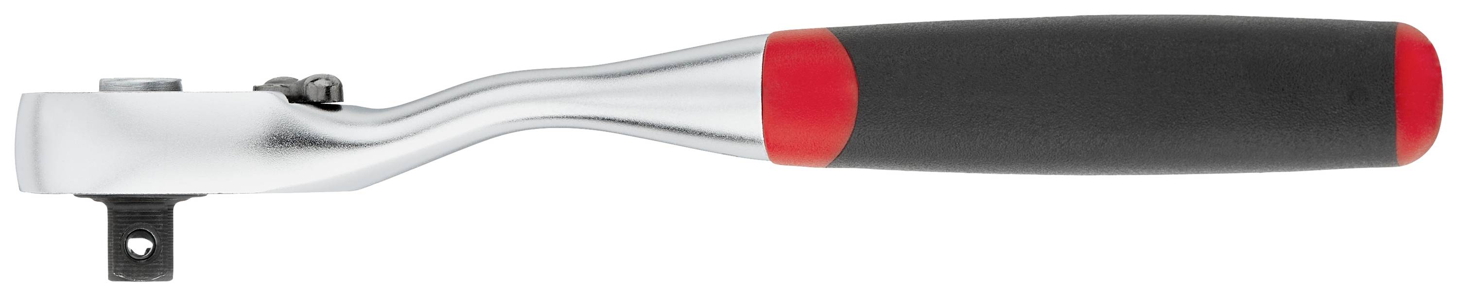 Ratchet spanner with black and red rubber grip, metal head pointing to the left. Suitable for screw work in confined spaces.
