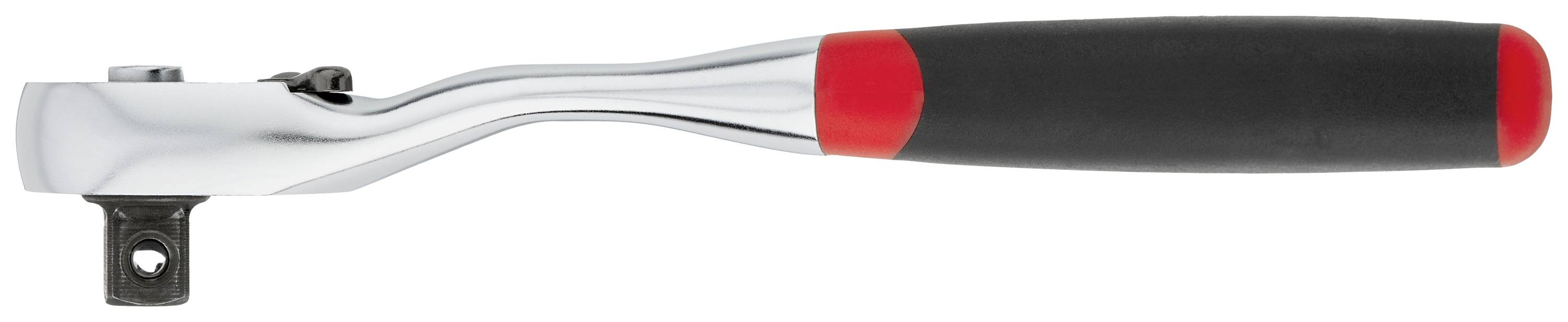 A chrome-plated ratchet spanner with black and red handle. Suitable for quick socket key changes.