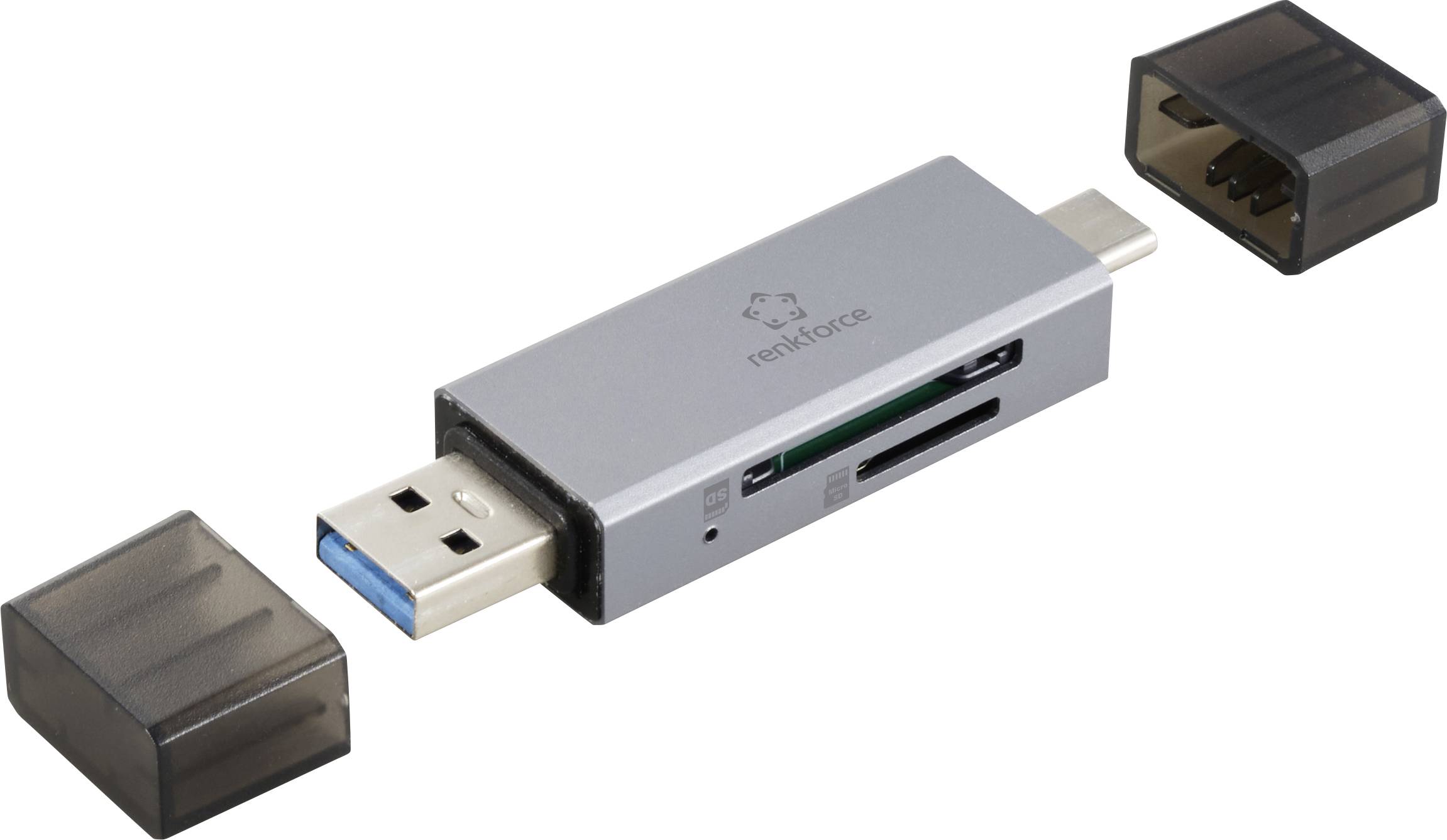USB card reader with two plastic caps, featuring a USB-A and a USB-C connector, along with SD and MicroSD card slots.
