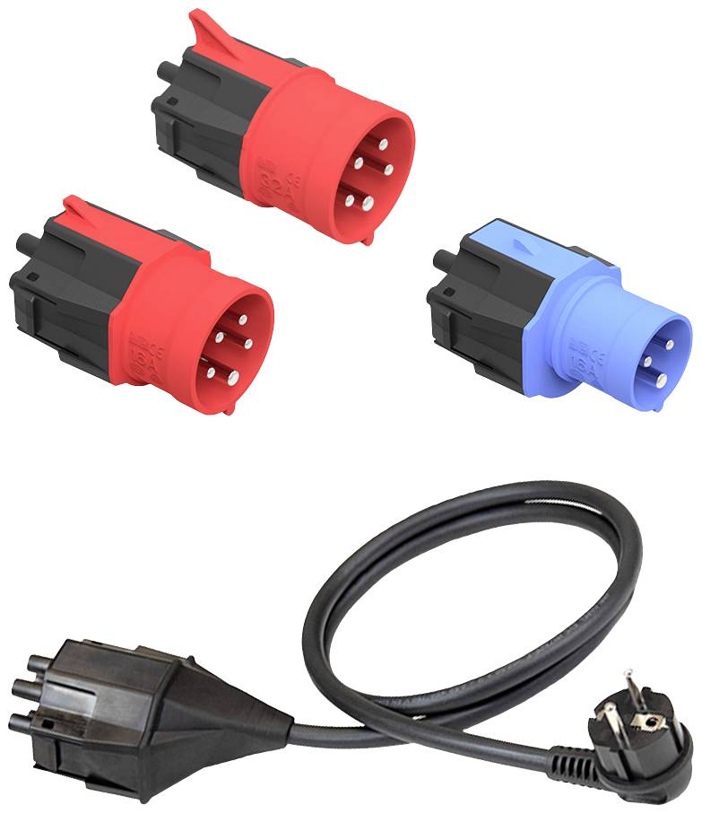Three red and blue industrial plugs and a black connection cable with a Schuko plug.