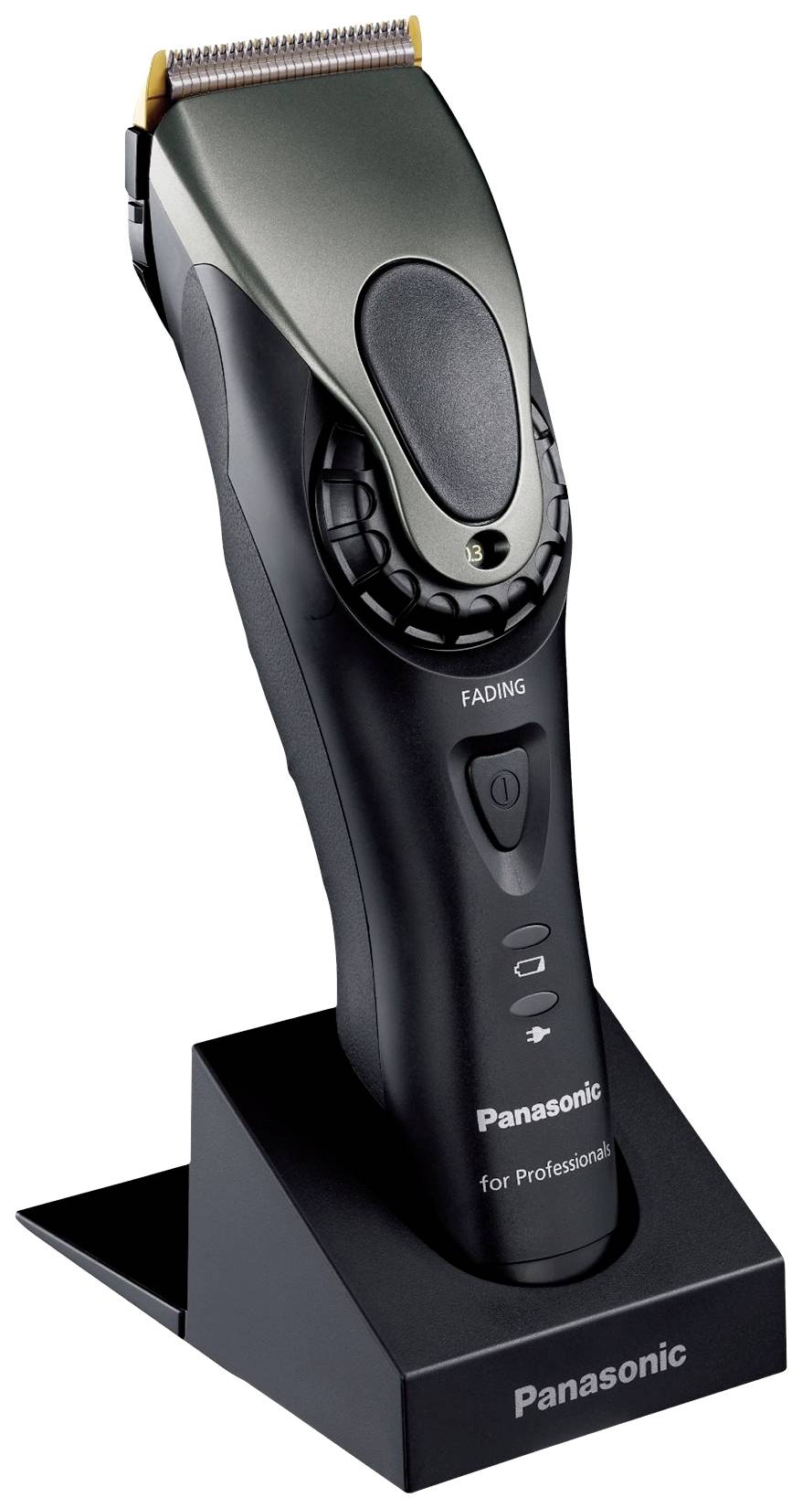 Black cordless hair clipper in charging station, with buttons at the front and grey blade head. Label: Panasonic for Professionals.