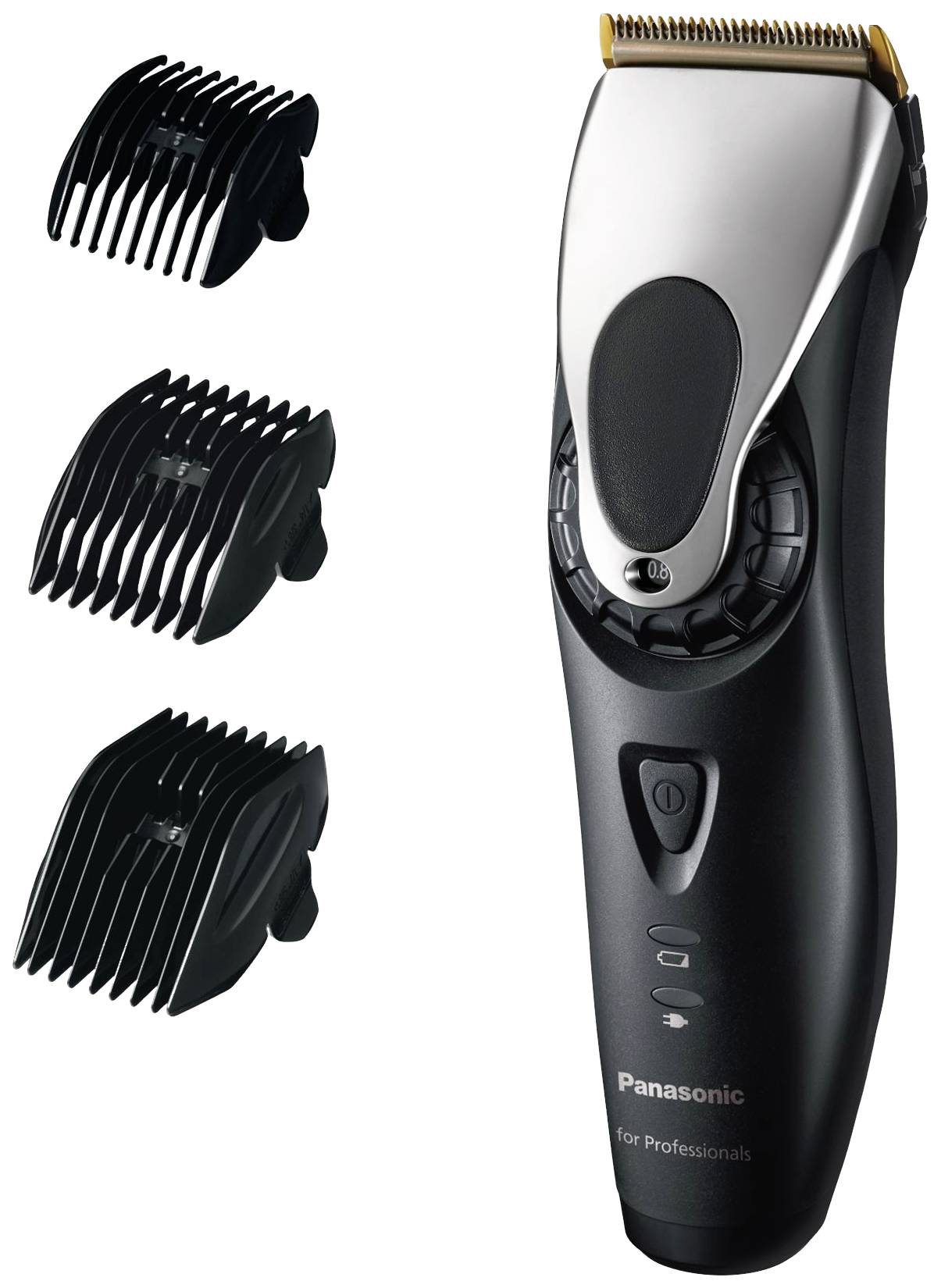 Electric hair clipper with three interchangeable attachments, suitable for various cutting lengths, in black and silver.