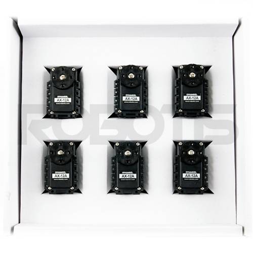 Six black servo motors, Model 'AX-12A', in white packaging.