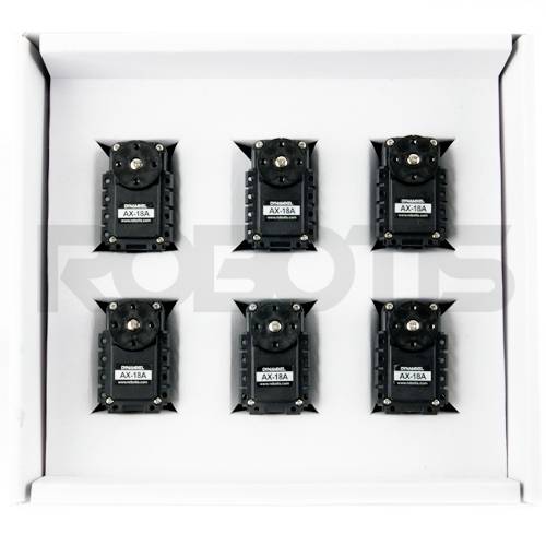 Six black AX-18A servo motors arranged in a white packaging, ready for use in robotics projects.