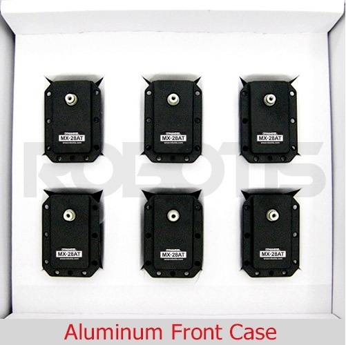 Six black aluminium front housings with the inscription 'MX-28AT' in packaging labelled 'Aluminum Front Case'.