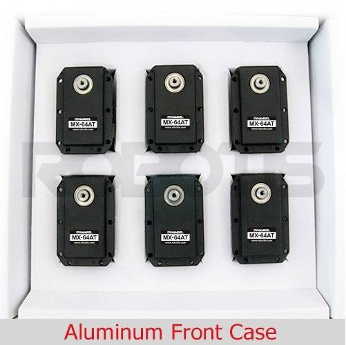 Six black servo motors (Model MX-64AT) are situated in a white packaging. Text in the image: 'Aluminium Front Case'.Note: I've used the British spelling of 
