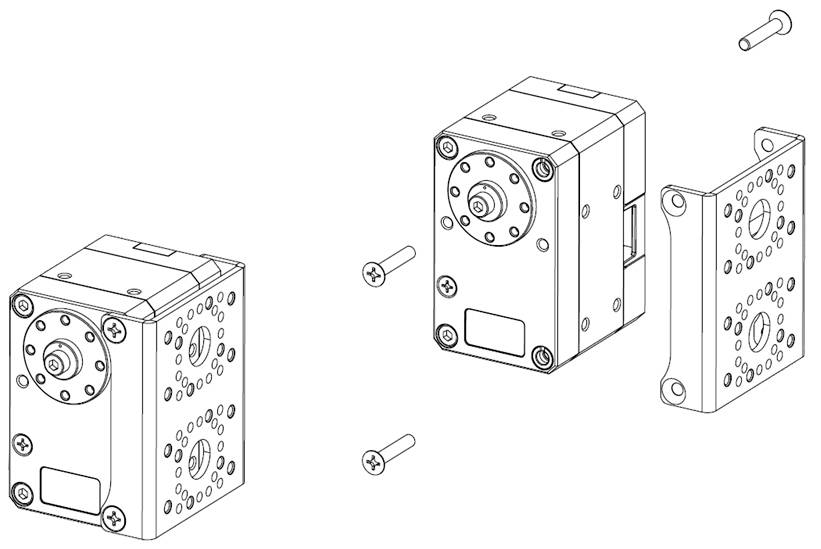 Two servo motors with mounting parts and screws, which are to be assembled together for a mechanical construction.