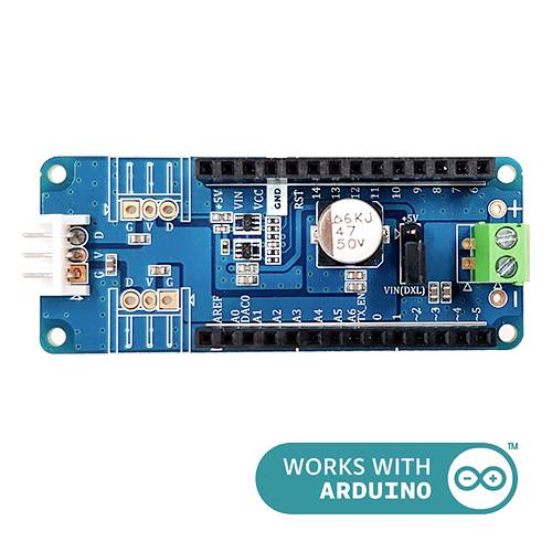 A blue Arduino expansion board with various connectors and components. Bottom right logo: 'WORKS WITH ARDUINO'.