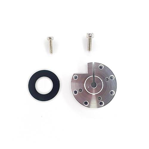 A metal plate with multiple holes, two screws, and a rubber gasket on a white background.