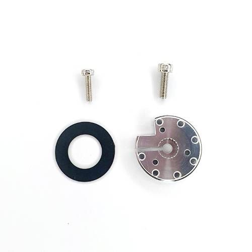 Two screws, a black ring and a semi-circular metal part with holes arranged on a white background.