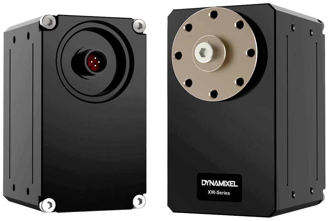 Two Dynamixel XW-series servo motors side by side, one showing the connection, the other the mounting plate.