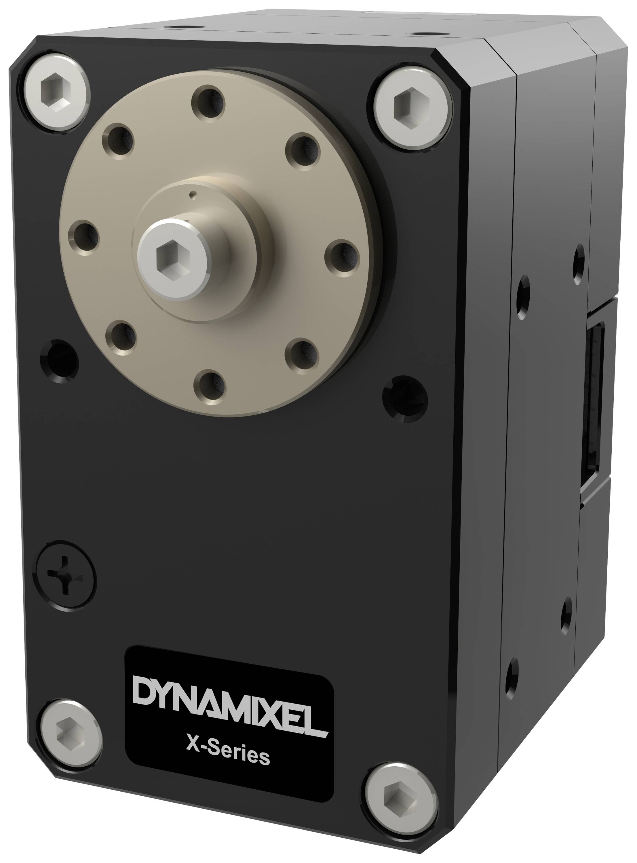 'DYNAMIXEL X-Series' Motor mit sechseckiger Schraube und Metallplatte an schwarzem Gehäuse, Vorderansicht.