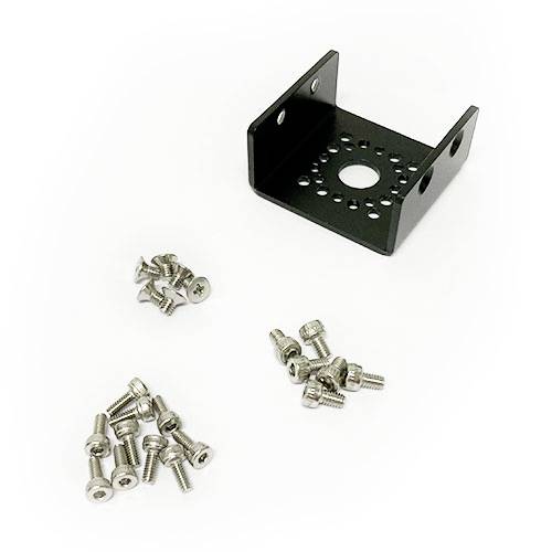 Black metal mounting bracket with multiple screws of varying lengths on a white background, ready for sale.