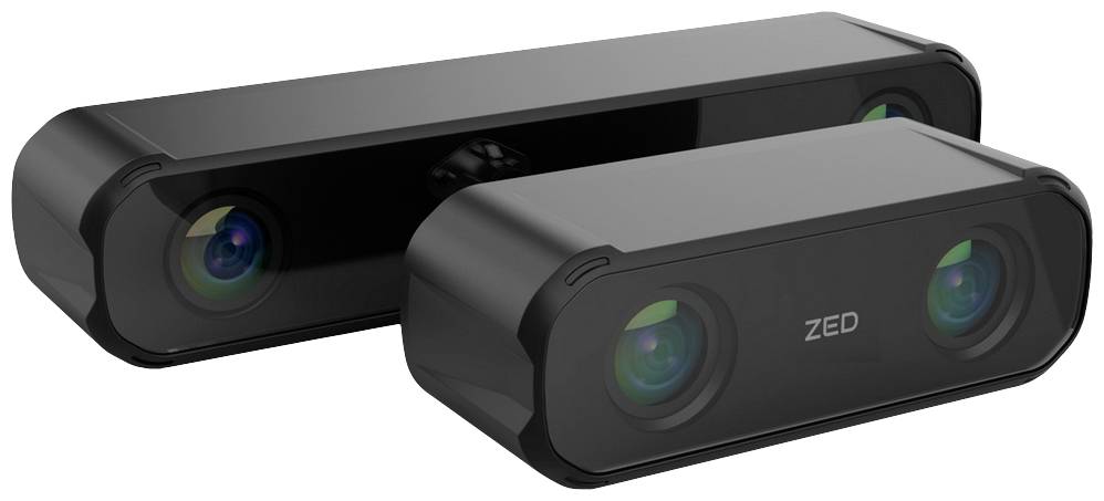 Two black stereo cameras with green lenses, a smaller one in the foreground; suitable for 3D scans and depth sensing.