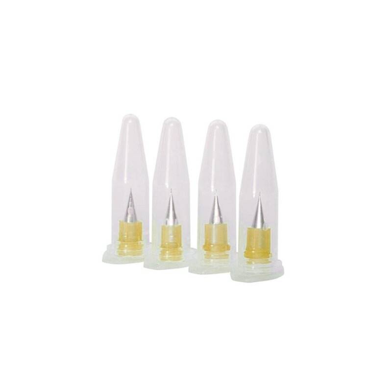 Four transparent, conical tips with yellow bases on a white background. They are vertically arranged and serve as spare parts.