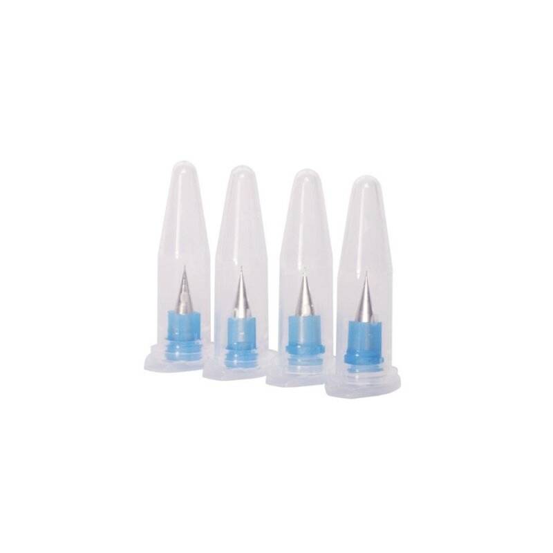 Four transparent sleeves with blue ink cartridges and silver nibs, arranged vertically.