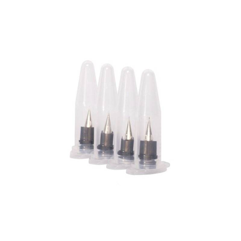 Four transparent plastic covers protect sharp metal needles. They are arranged in a line next to each other and stand upright.
