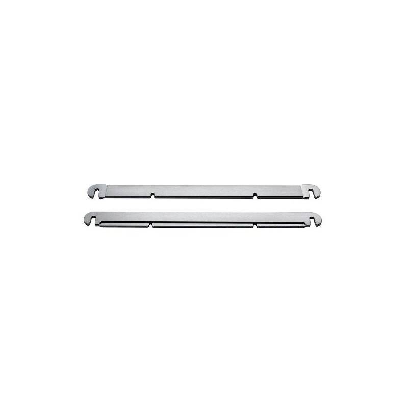 Two silver metal strips with hooks at the ends, lying parallel to each other.