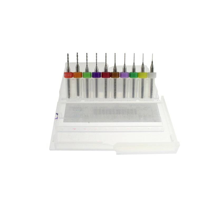Set of twelve precision drill bits in various colours and sizes, organised in a transparent plastic container.