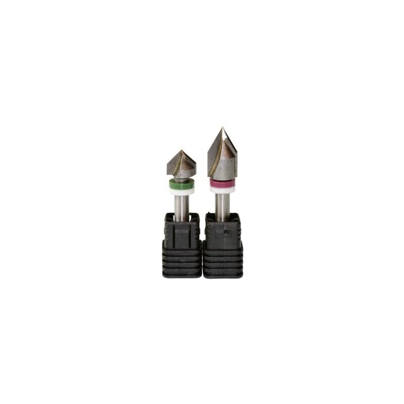 Two milling cutters side by side; the one on the left with a green ring, the one on the right with a red ring; both are mounted on black holders.