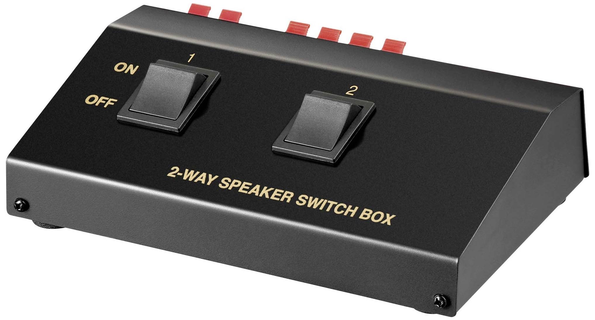 Black 2-way speaker switchbox with two toggle switches, labelled as '1' and '2', and marked with 'ON', 'OFF'.
