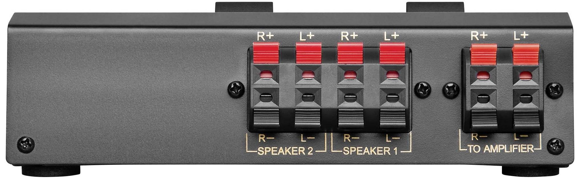 Back of an audio amplifier with speaker connections: two sets of terminals for SPEAKER 1 and SPEAKER 2, and one set 'TO AMPLIFIER'.