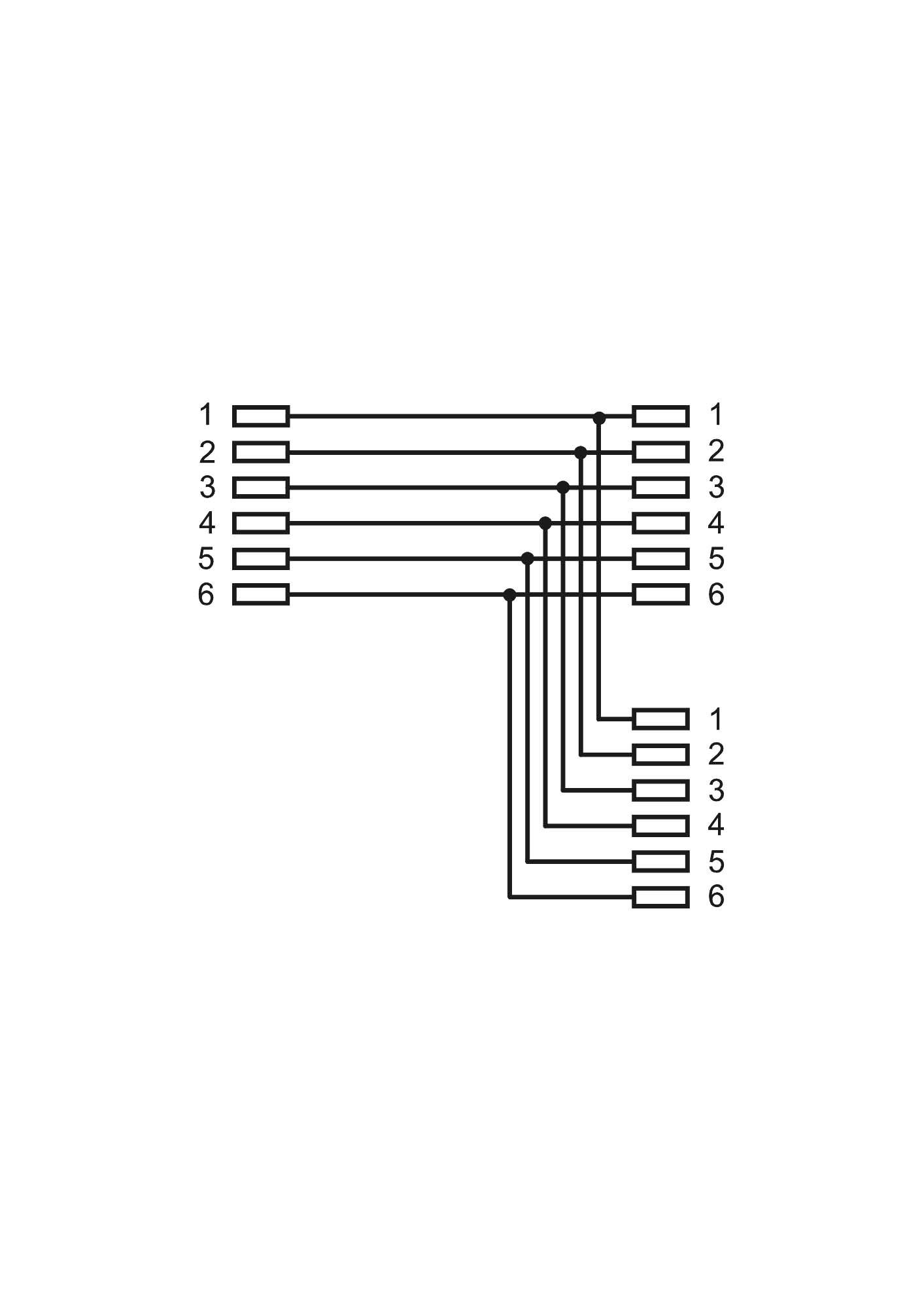 Diagram of Cable Connections: Six vertical inputs on the left, numbered 1-6, are connected to six vertical outputs on the right.