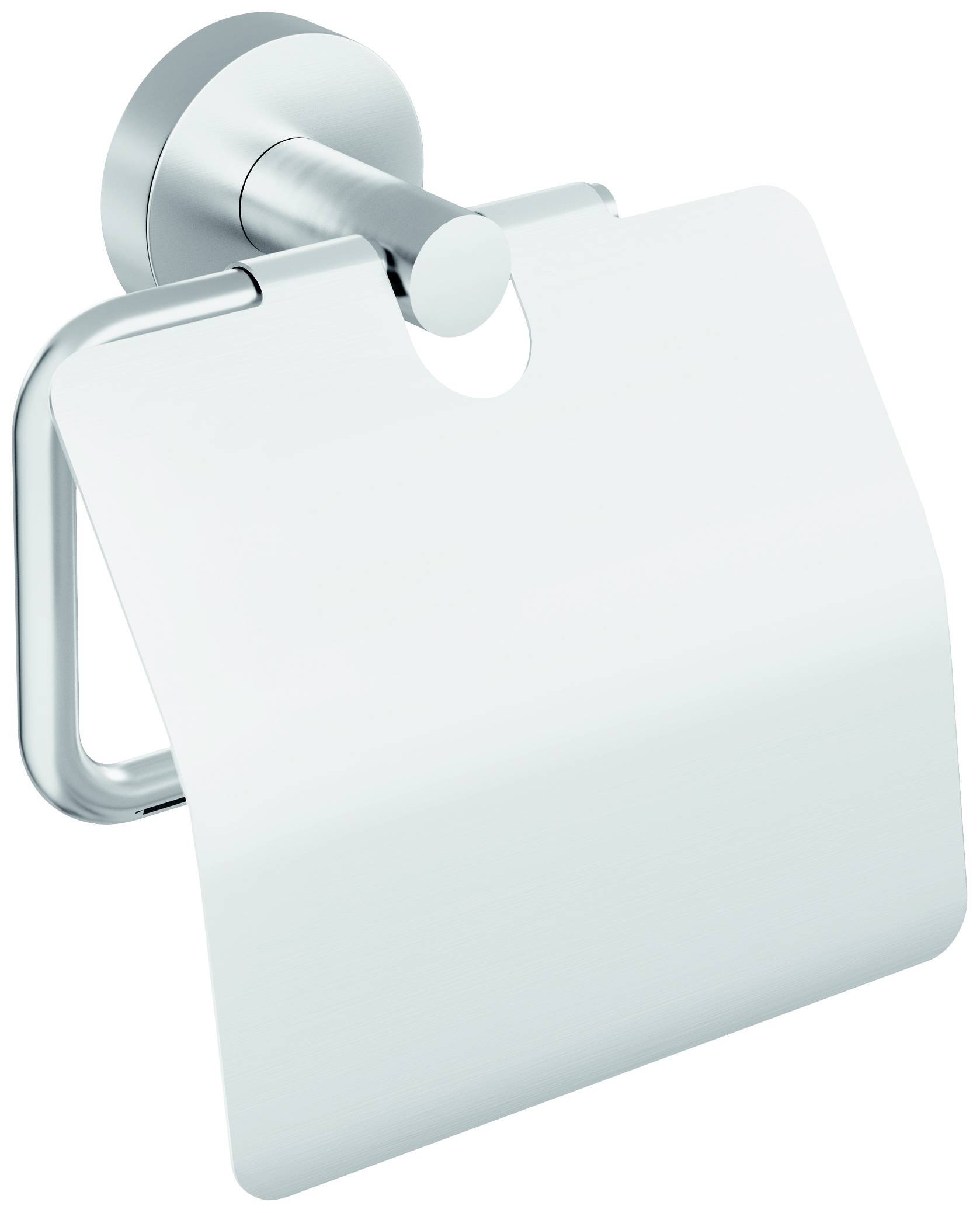 Stainless steel toilet roll holder with cover, wall-mounted.