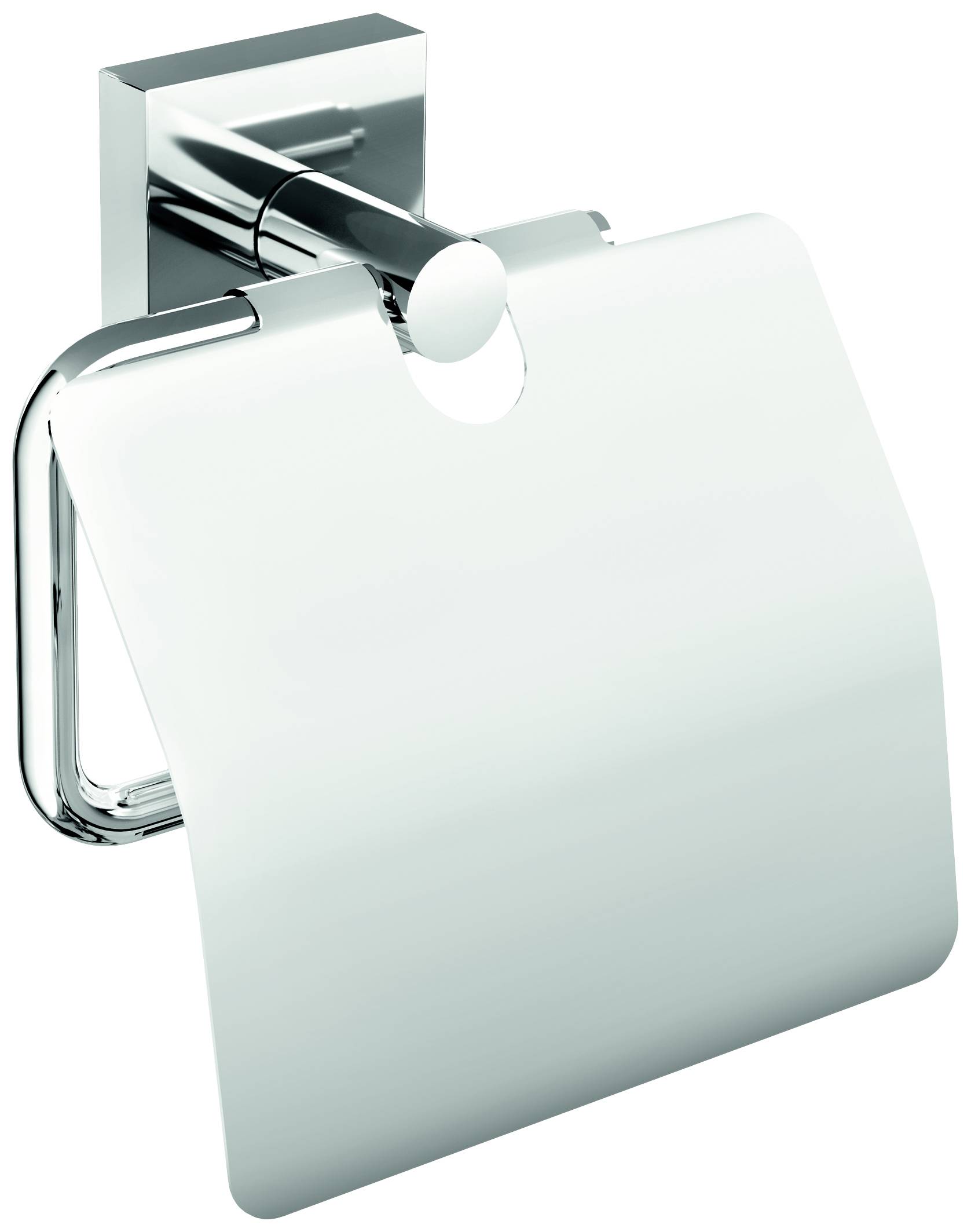 Modern toilet roll holder made of polished metal with a rectangular wall mounting and cover.